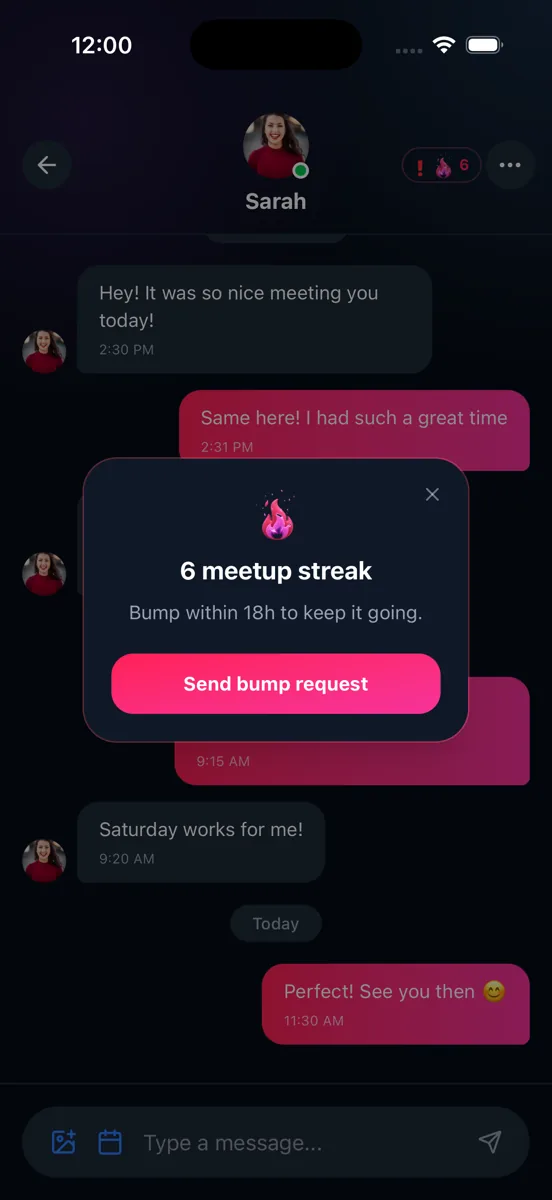 A six-meetup streak in a ValidMeet chat, with a bump request button